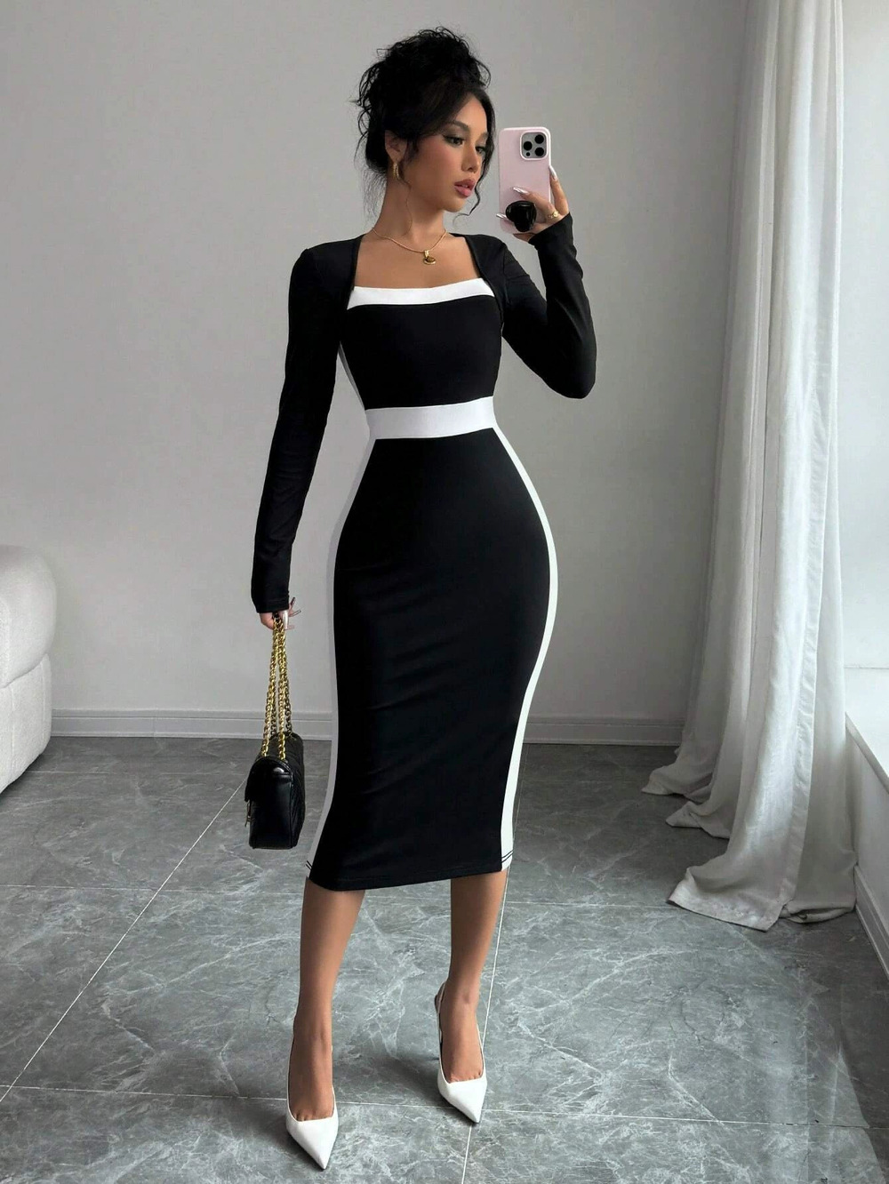 ZARA Elegant Slim Square Neck Long Sleeve Bodycon Dress